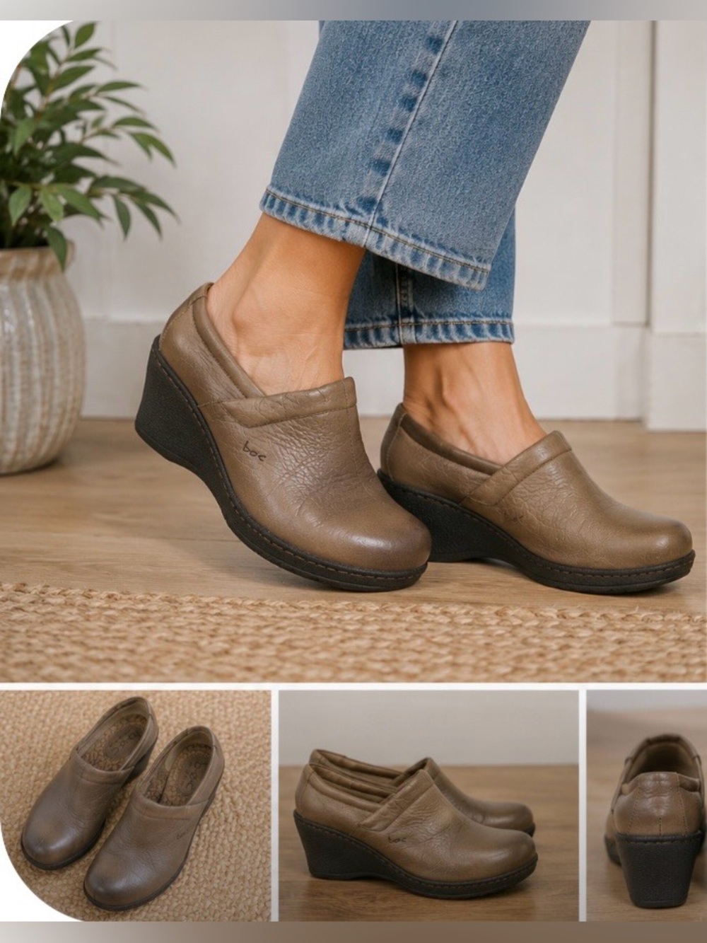 BOC Born Concept Leather Wedge Clogs Shoes Brown Taupe Slip On Comfort Size 7